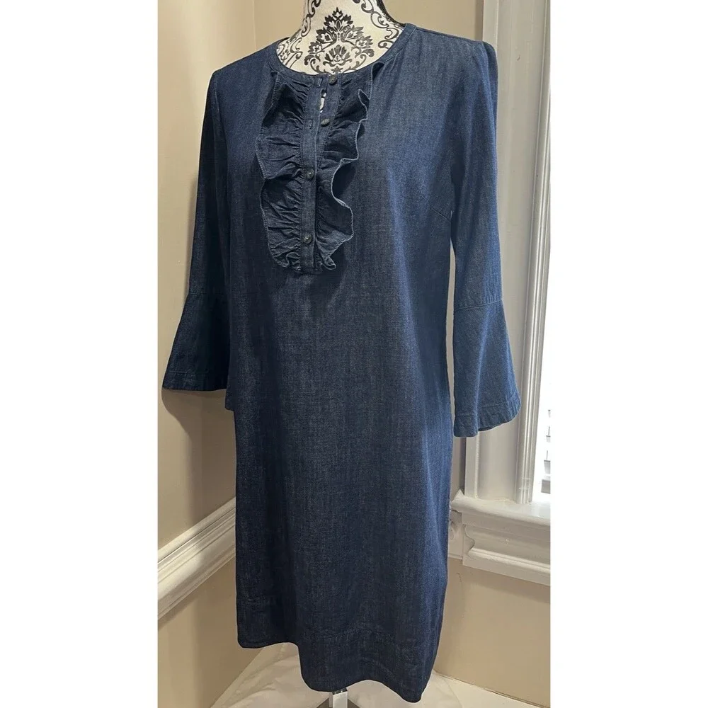 Draper James Denim Blue Chambray Ruffle Shift Dress Sz 8 Western Preppy Church - Picture 6 of 16